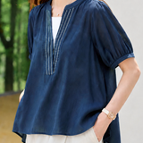 Casual Commuter Decorative V-neck Fake Two-piece Tencel Blouse