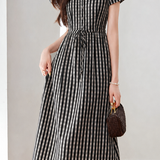 Minimalist Commuter Plaid Drawstring Dress