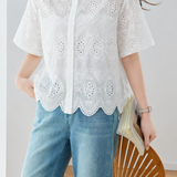 Casual Commuter Hollow Embroidered Wavy Edge Blouse