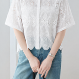 Casual Commuter Hollow Embroidered Wavy Edge Blouse