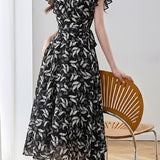 Graceful Ruffled Tie Waist Paisley Print Dress