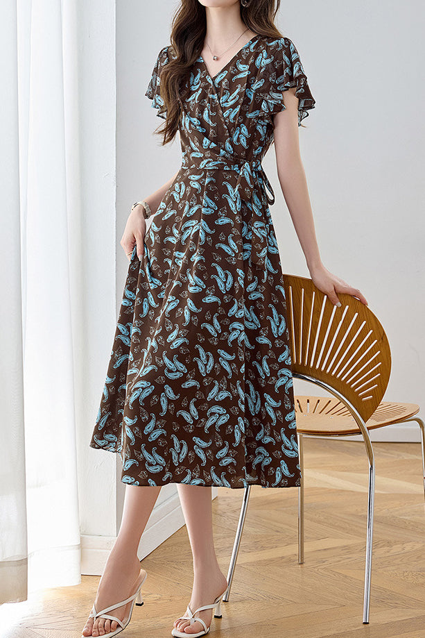 Graceful Ruffled Tie Waist Paisley Print Dress