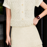 Casual Tassel Hollow Cardigan And Midi Skirt Two-piece Set