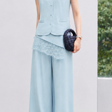 Commuter Asymmetric Lace Spliced Blouse And Wide Leg Pants Two-piece Set