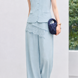 Commuter Asymmetric Lace Spliced Blouse And Wide Leg Pants Two-piece Set