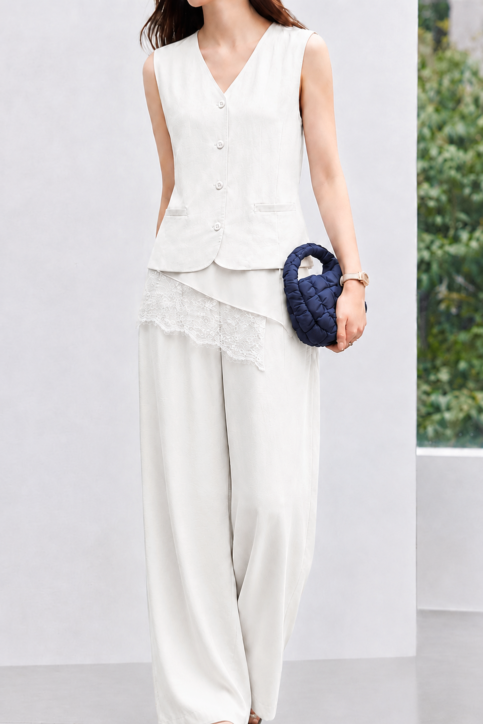 Commuter Asymmetric Lace Spliced Blouse And Wide Leg Pants Two-piece Set