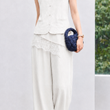 Commuter Asymmetric Lace Spliced Blouse And Wide Leg Pants Two-piece Set
