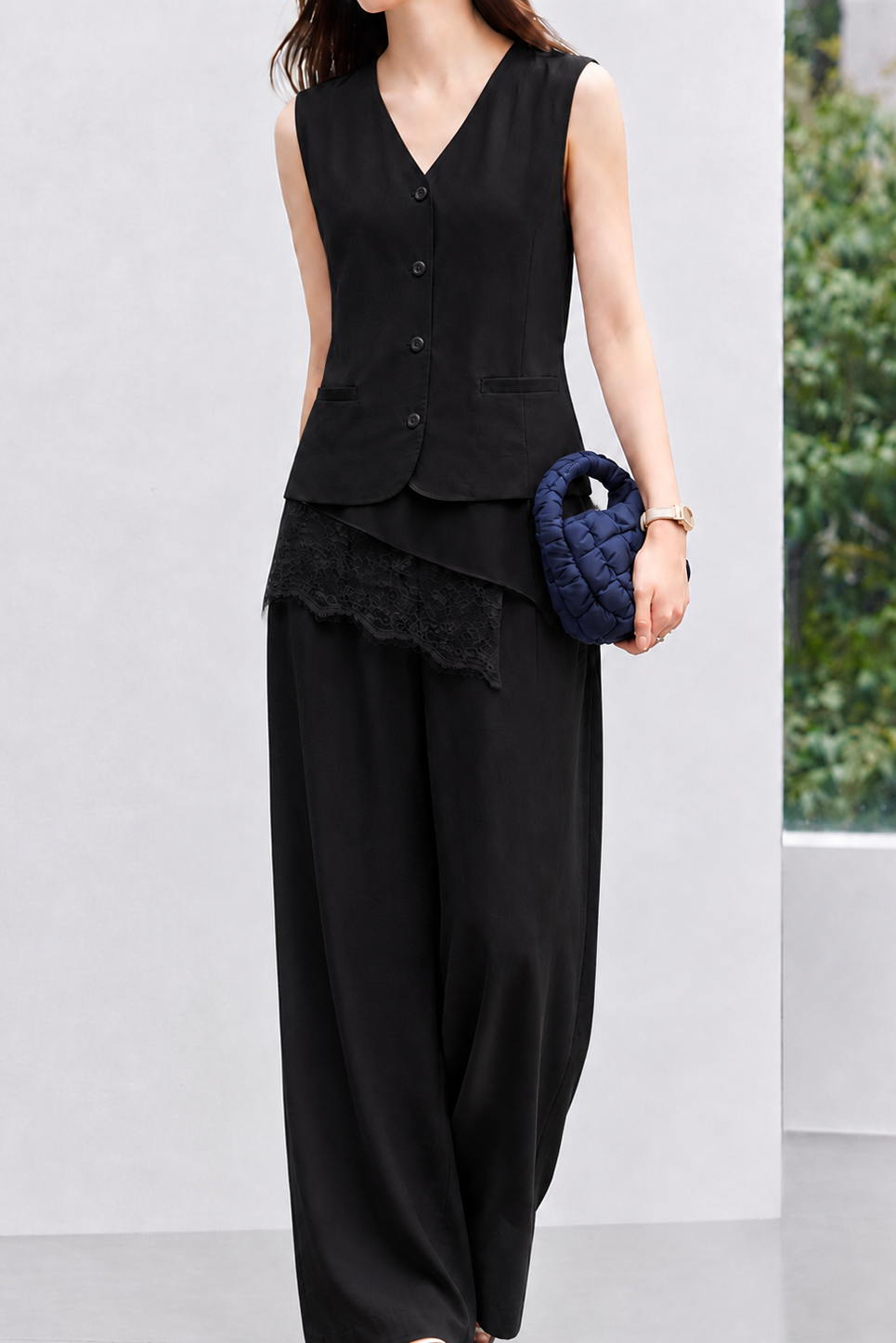 Commuter Asymmetric Lace Spliced Blouse And Wide Leg Pants Two-piece Set