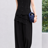 Commuter Asymmetric Lace Spliced Blouse And Wide Leg Pants Two-piece Set