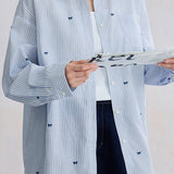 Fresh Striped Bow Embroidered Blouse