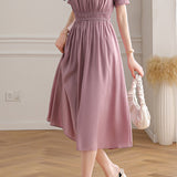Elegant Gathered Puff Sleeve High Waist Midi Dress