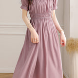 Elegant Gathered Puff Sleeve High Waist Midi Dress