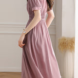 Elegant Gathered Puff Sleeve High Waist Midi Dress