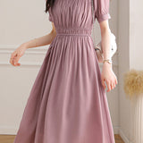 Elegant Gathered Puff Sleeve High Waist Midi Dress