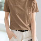 Elegant Casual Irregular Button Slit Regular Shoulder Short Sleeve T-shirt