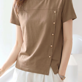 Elegant Casual Irregular Button Slit Regular Shoulder Short Sleeve T-shirt