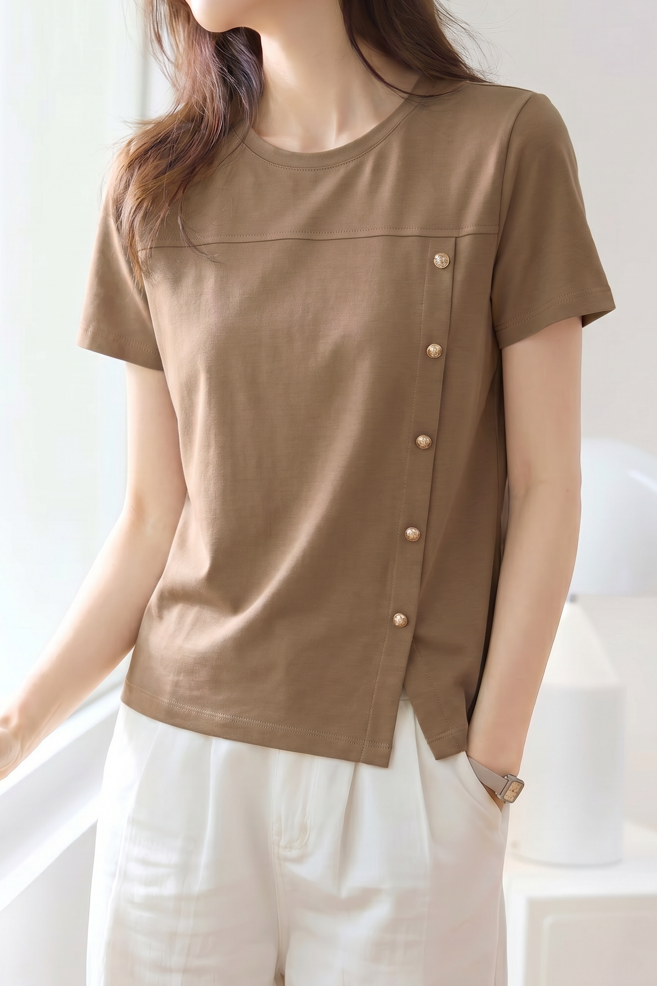 Elegant Casual Irregular Button Slit Regular Shoulder Short Sleeve T-shirt