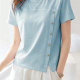 Elegant Casual Irregular Button Slit Regular Shoulder Short Sleeve T-shirt