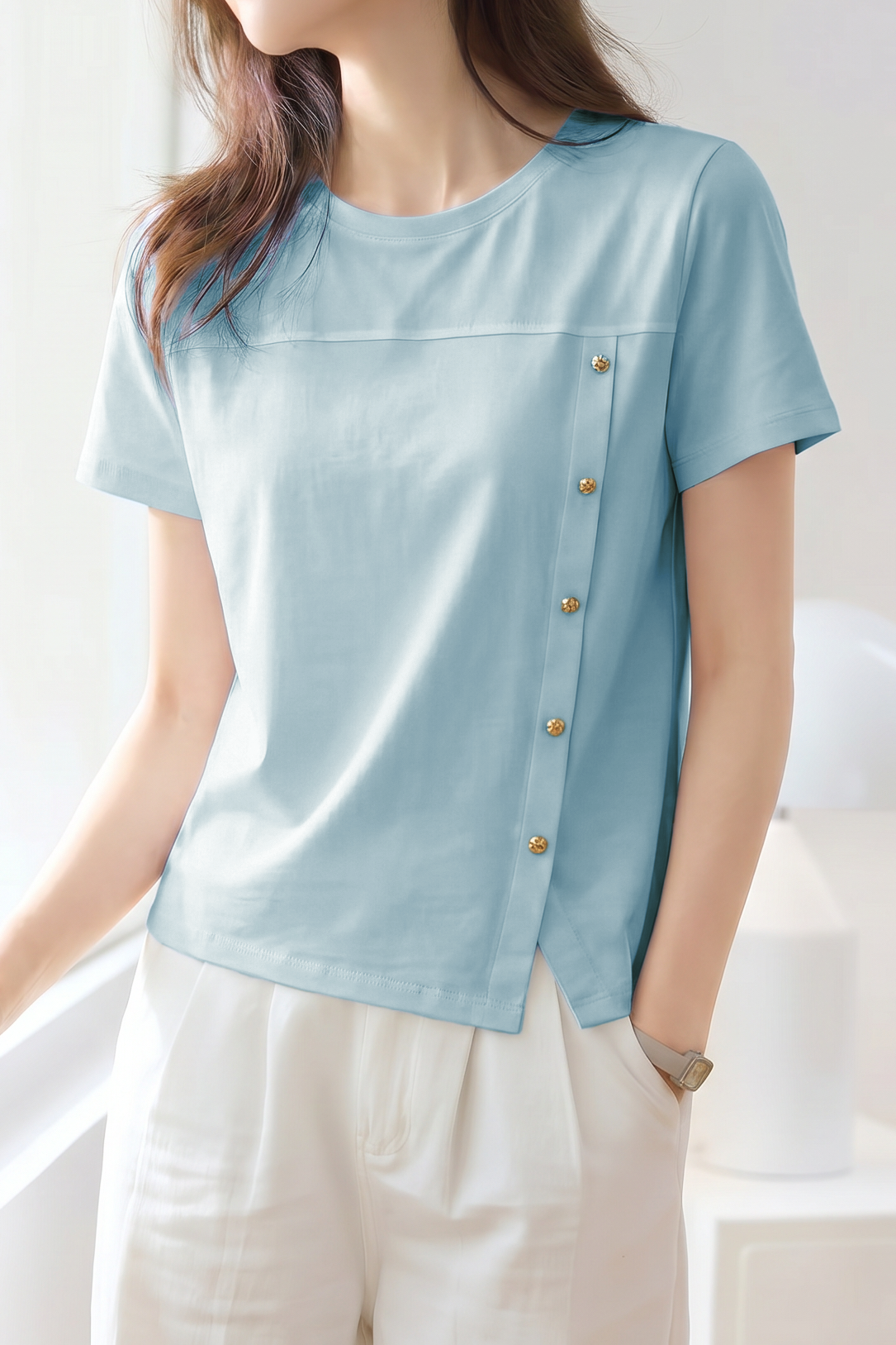Elegant Casual Irregular Button Slit Regular Shoulder Short Sleeve T-shirt