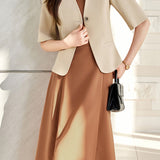 Elegant Commuter V-neck Single Button Short Sleeve Coat Pants Dress Set