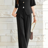 Elegant Commuter V-neck Single Button Short Sleeve Coat Pants Dress Set