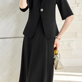 Elegant Commuter V-neck Single Button Short Sleeve Coat Pants Dress Set
