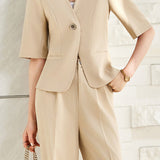 Elegant Commuter V-neck Single Button Short Sleeve Coat Pants Dress Set