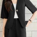 Elegant Commuter V-neck Single Button Short Sleeve Coat Pants Dress Set