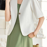 Elegant Commuter V-neck Single Button Short Sleeve Coat Pants Dress Set