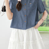 French Elegant Embroidered Stripe Puff Sleeve Short Sleeve Shirt