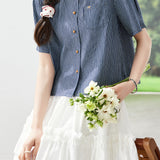 French Elegant Embroidered Stripe Puff Sleeve Short Sleeve Shirt