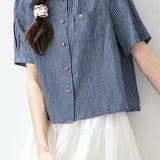 French Elegant Embroidered Stripe Puff Sleeve Short Sleeve Shirt