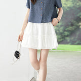 French Elegant Embroidered Stripe Puff Sleeve Short Sleeve Shirt