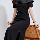 Elegant Commuter Satin Patchwork Off Shoulder Dress