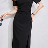 Elegant Commuter Satin Patchwork Off Shoulder Dress