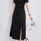 Elegant Commuter Satin Patchwork Off Shoulder Dress