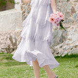 Elegant Romantic Lace Trim Multi-Layer Pleated Dress