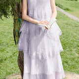 Elegant Romantic Lace Trim Multi-Layer Pleated Dress