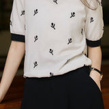 Exquisite Elegant Color Block Jacquard Ice Silk Short Sleeve T-shirt