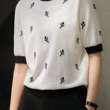 Exquisite Elegant Color Block Jacquard Ice Silk Short Sleeve T-shirt