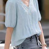 Exquisite Elegant Linen V-neck Accordion Pleat Three-Quarter Sleeve Shirt