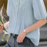 Exquisite Elegant Linen V-neck Accordion Pleat Three-Quarter Sleeve Shirt
