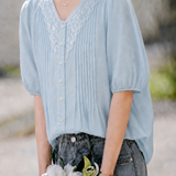 Exquisite Elegant Linen V-neck Accordion Pleat Three-Quarter Sleeve Shirt