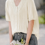 Exquisite Elegant Linen V-neck Accordion Pleat Three-Quarter Sleeve Shirt