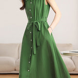 Casual Commuter Single Breasted Tie Sleeveless Shirt Dress