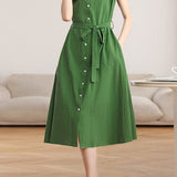 Casual Commuter Single Breasted Tie Sleeveless Shirt Dress