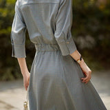 Elegant Commuter Single Button Thin Plaid Lapel Dress