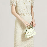 Elegant Delicate Lace Mesh Ruffled Blouse And Midi Skirt Two-piece Set