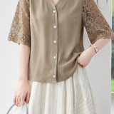 Elegant Lace Spliced Flare Sleeve Blouse