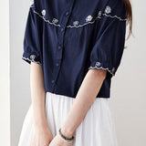 Elegant Commuter Crew Neck Button Front Embroidered Short Sleeve Blouse
